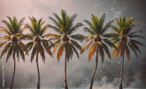 Row of palm trees with some of them having brown leaves. The trees are in a forest photo