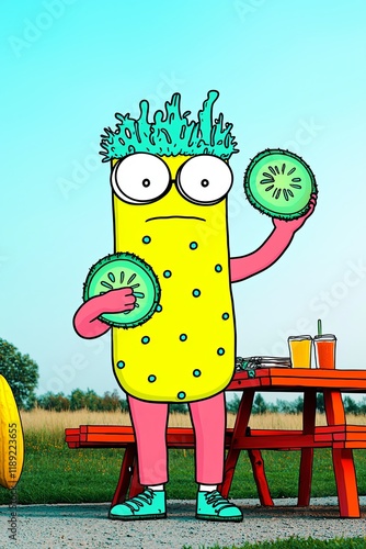 Playful Cartoon Character in Cucumber Salad Costume Holding Halved Cucumbers in a Sunny Outdoor Setting