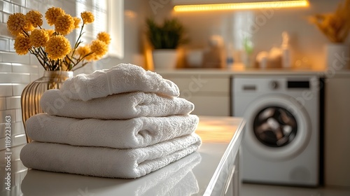 laundry room, a pristine white table adorned with neatly folded stacks of freshly laundered clothes. a sleek washing machine hums quietly in the background. lifestyle visuals 