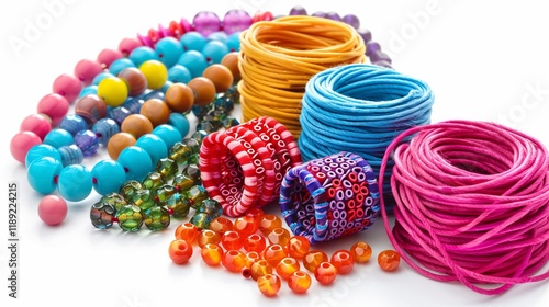 A set of colorful beads and string, ready for jewelry-making, isolated on a white background.