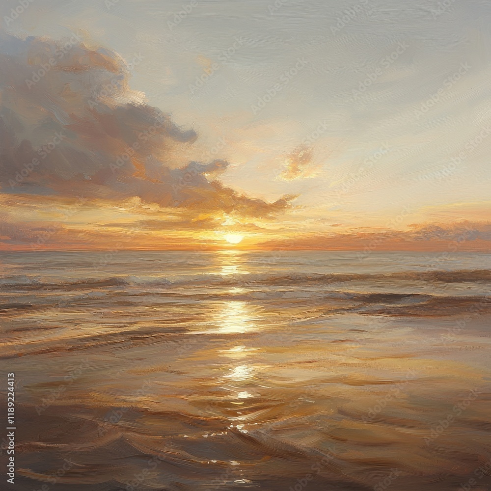 Obraz premium Crimson sunset over calm waters tranquil landscape serene evening beach view nature's beauty