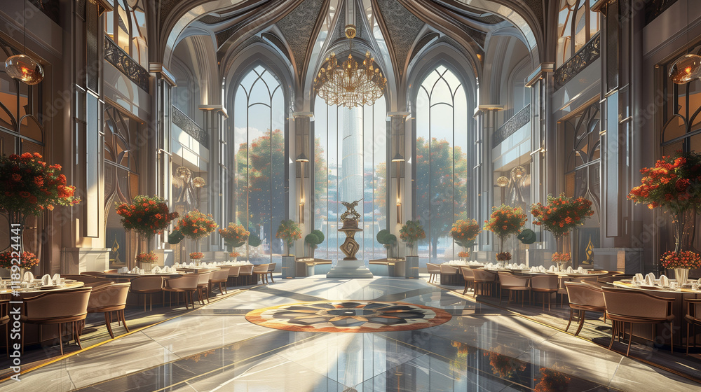 Fototapeta premium Luxury restaurant interior design featuring dining tables and chairs in a well-lit, elegant room with large windows and stylish architecture