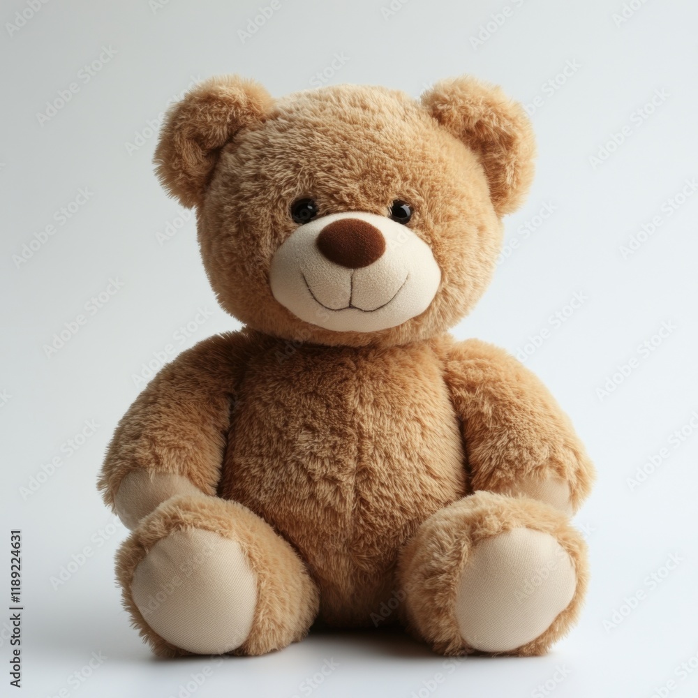 Obraz premium A soft and cuddly brown teddy bear with fluffy fur, shiny black eyes, a cute stitched smile, and detailed paw pads, isolated on a white background.