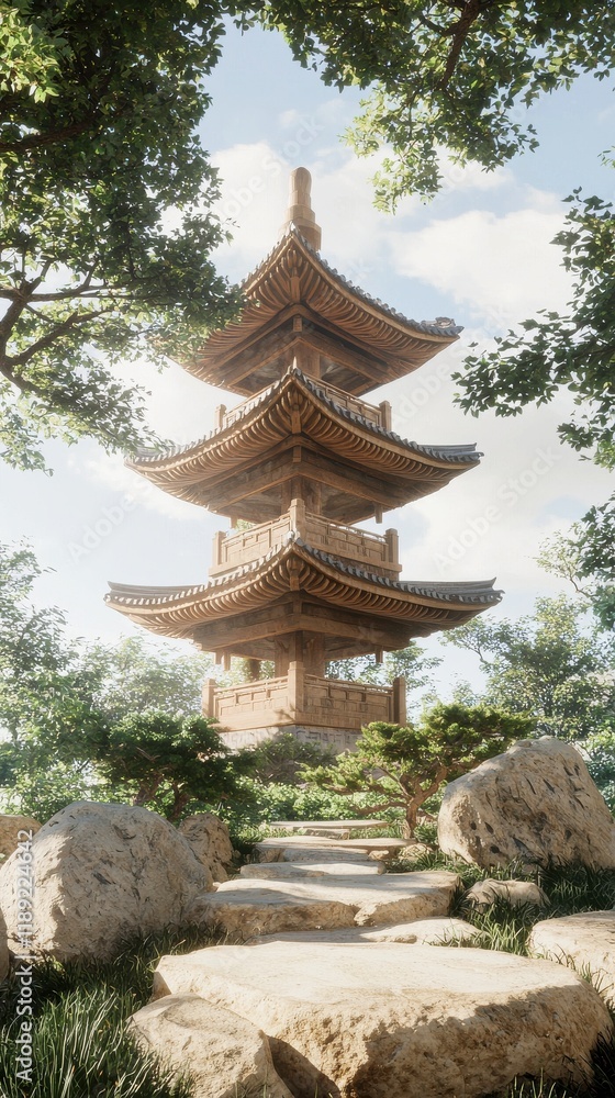 Serene chinese pagoda tranquil temple garden architectural detail lush environment scenic viewpoint cultural concept Serene chinese pagoda tranquil temple garden architectural detail lush environment scenic viewpoint cultural concept