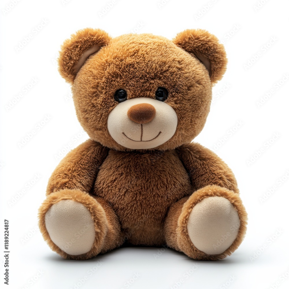 Obraz premium A soft and cuddly brown teddy bear with fluffy fur, shiny black eyes, a cute stitched smile, and detailed paw pads, isolated on a white background.