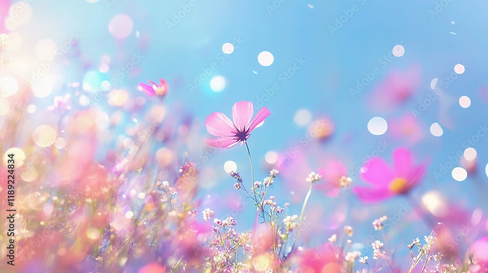 Obraz premium Pink Cosmos Blooms: A vibrant pink cosmos flower stands out against a dreamy backdrop of pastel pink and blue hues, bathed in soft, ethereal sunlight.