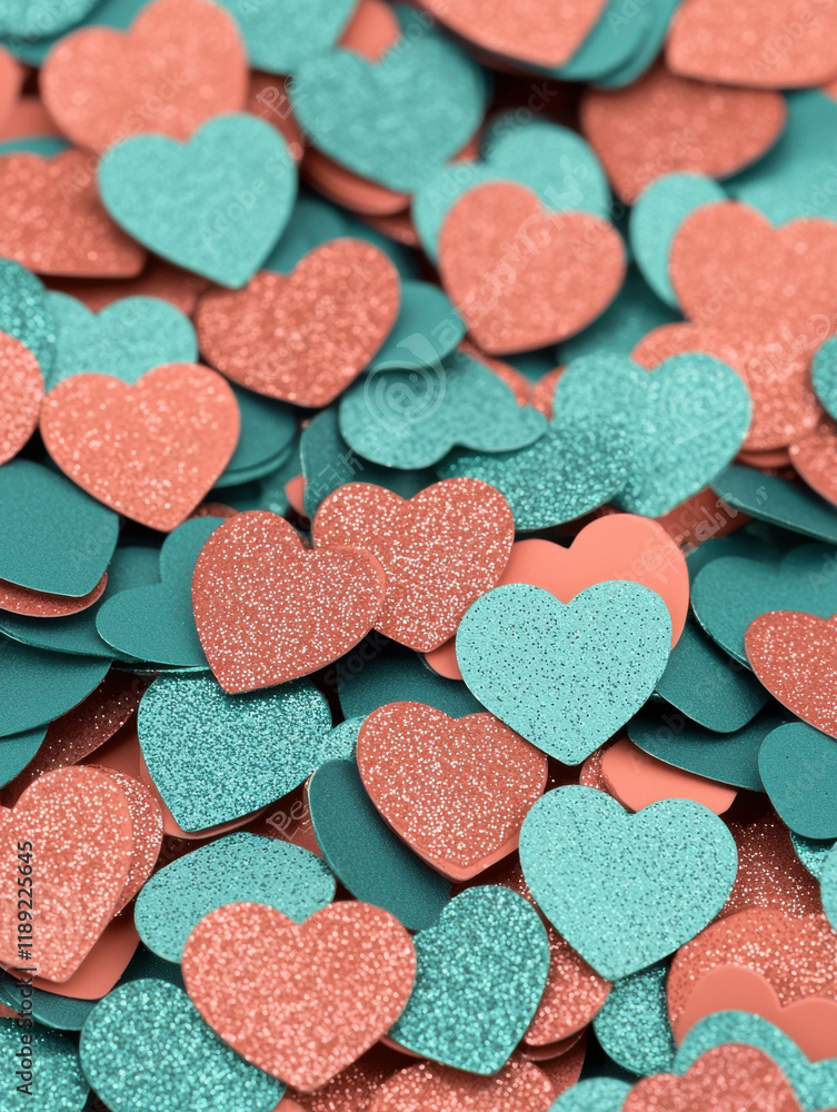 Fototapeta premium Glittery heart shaped confetti in teal and coral colors, creating vibrant design