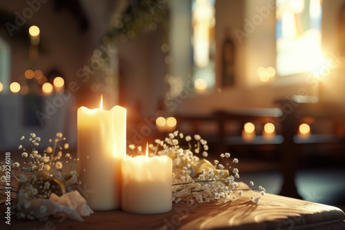 Easter candles glowing in realistic church interior scene photo