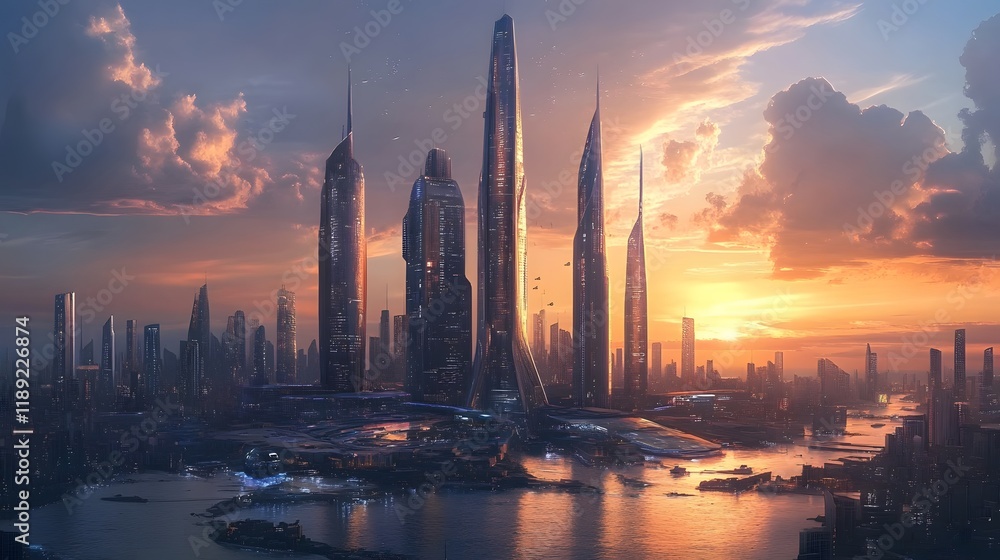 Futuristic City Skyline at Sunset Golden Hour Futuristic City Skyline at Sunset Golden Hour