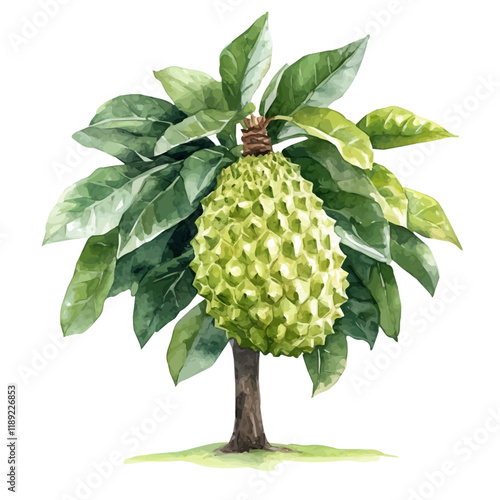 A watercolor vector painting of a Soursop tree, isolated on a white background. Soursop tree vector.

