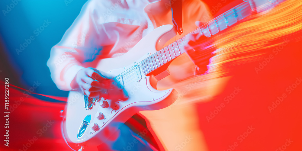 Obraz premium close-up of electric guitar in dynamic motion with vibrant red, blue, and orange hues, showcasing rhythm, energy, and artistic expression in a bold and modern music performance visual