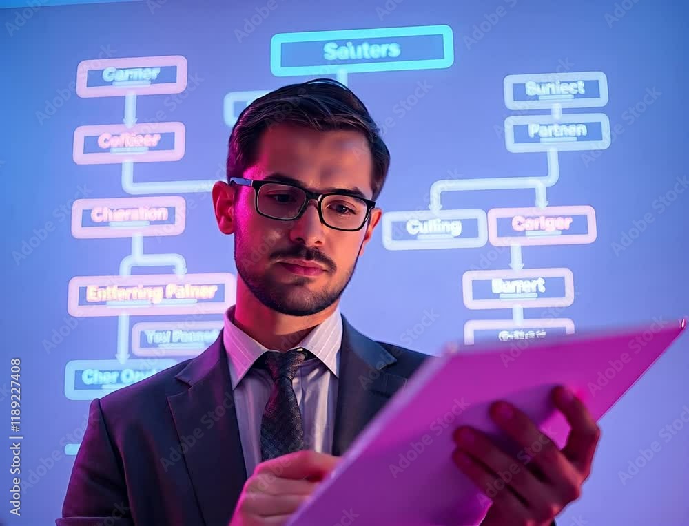 Strategic Planning: A focused businessman in a suit analyzes a business chart on a whiteboard. Strategic Planning: A focused businessman in a suit analyzes a business chart on a whiteboard.