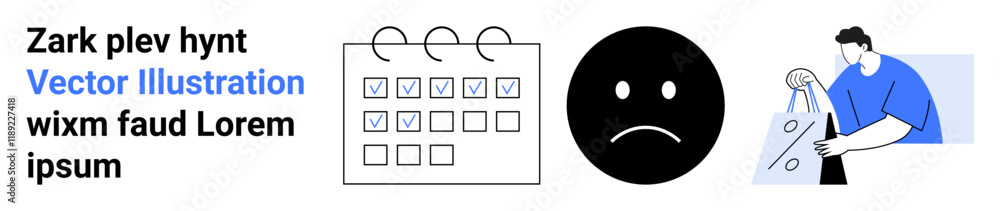 Fototapeta premium Calendar with blue checkmarks, sad face, person in blue holding shopping bags. Ideal for productivity, time management, emotions, mental health, shopping habits, daily routines lifestyle blogs