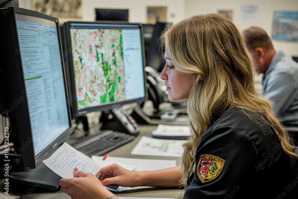 Focused female emergency dispatcher reviewing critical data on computer screen in a busy operations center, highlighting teamwork and technology in public safety environments. Focused female emergency dispatcher reviewing critical data on computer screen in a busy operations center, highlighting teamwork and technology in public safety environments.
