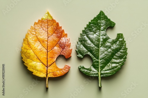 Two colorful autumn leaves on a beige background photo