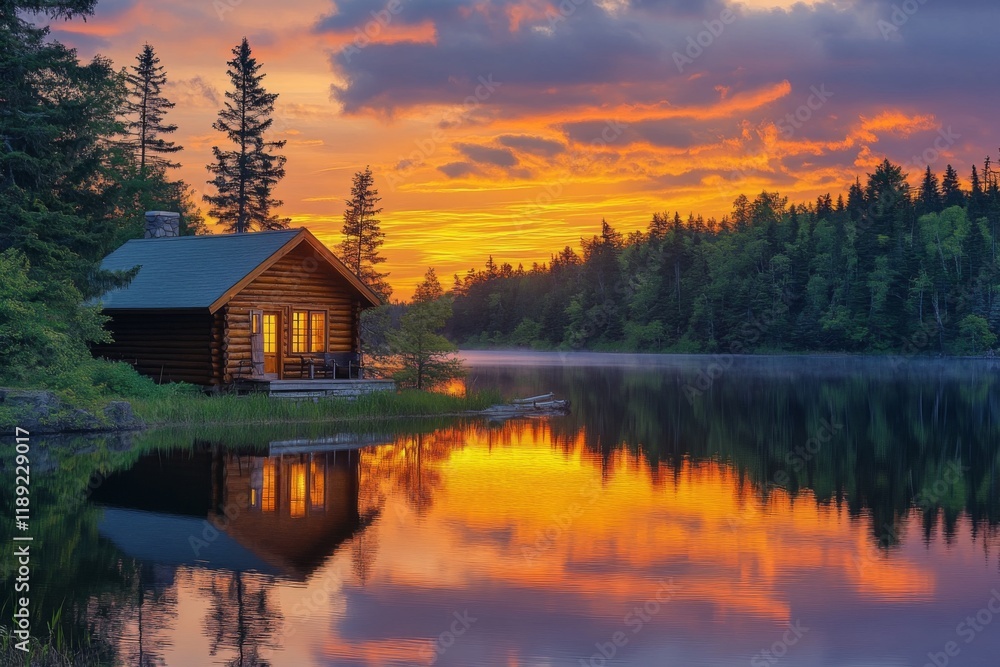 Small cabin reflecting in a calm lake during sunset Small cabin reflecting in a calm lake during sunset