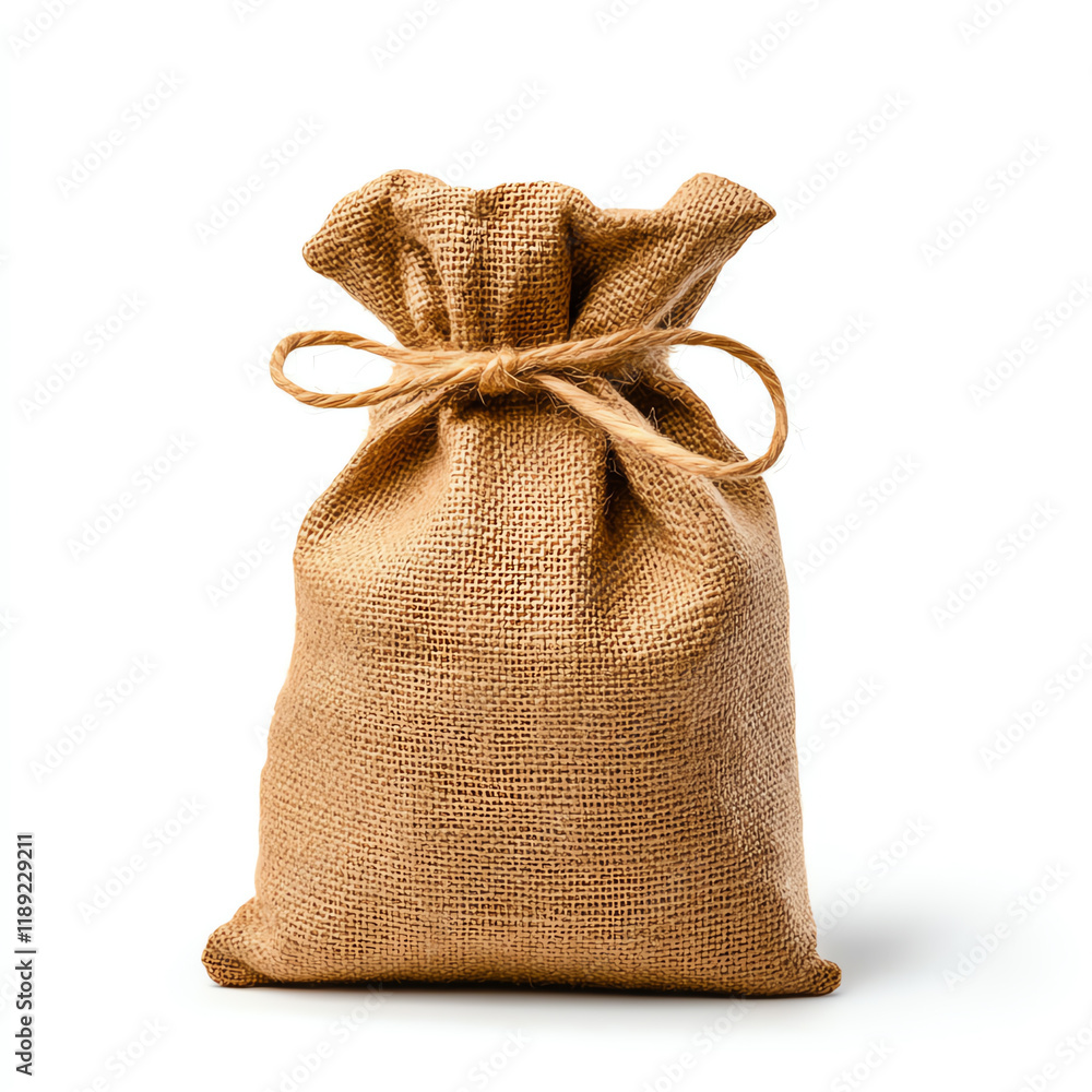 Jute bag with drawstring, tied at the top, on a white isolate background. Jute bag with drawstring, tied at the top, on a white isolate background.