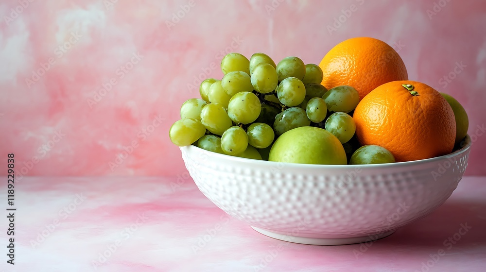 A bowl of fruits composed of green grapes apples and oranges on a white bowl isolated on a pink marble table A bowl of fruits composed of green grapes apples and oranges on a white bowl isolated on a pink marble table