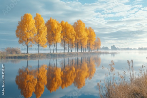 Golden aspen trees reflecting in a calm lake during autumn photo