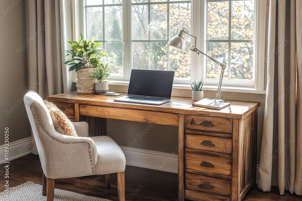 Minimalist workspace with natural light and wooden desk Minimalist workspace with natural light and wooden desk