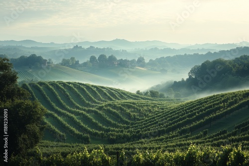 Vast vineyard on rolling hills under bright sunlight photo