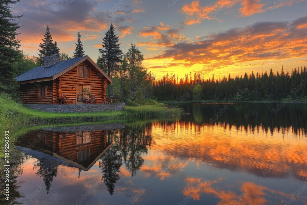 Log cabin by a lake at sunset with dramatic clouds Log cabin by a lake at sunset with dramatic clouds