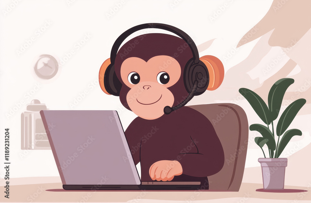 A charming monkey wearing a headset sits at a desk, focused on a laptop. The cozy workspace features a potted plant, creating a cheerful atmosphere. A charming monkey wearing a headset sits at a desk, focused on a laptop. The cozy workspace features a potted plant, creating a cheerful atmosphere.