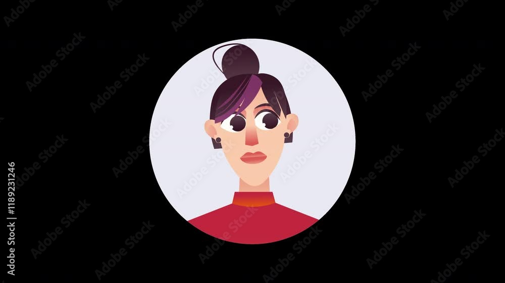 A cartoon representation of a woman with dark hair and a red top in a circular frame. A cartoon representation of a woman with dark hair and a red top in a circular frame.