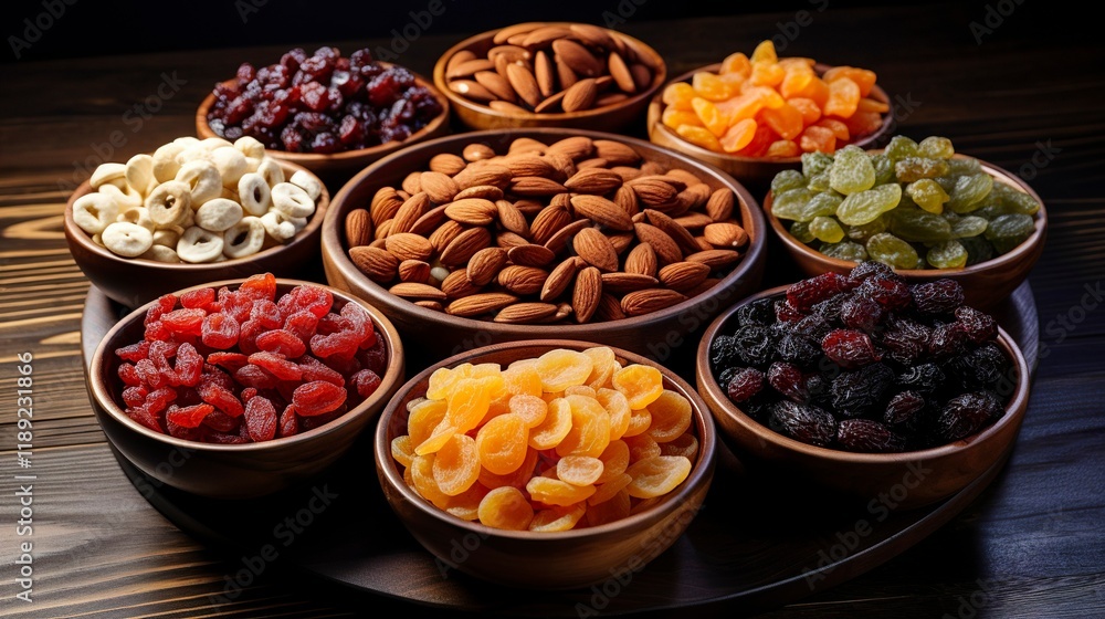 A photo of assorted dried fruits in bowls A photo of assorted dried fruits in bowls
