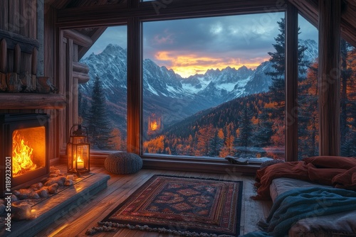 Cozy cabin interior with a fireplace and large windows overlooking snowy mountains