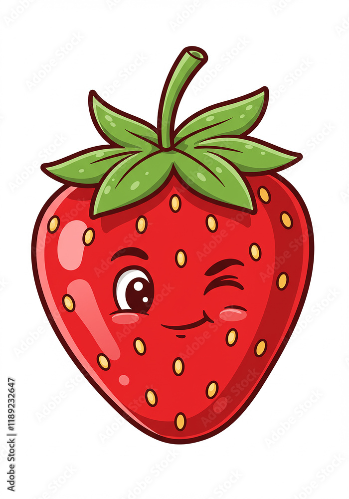 Obraz premium Adorable Cartoon Strawberry Character Winking Cheerful Fruit Illustration Red Berry Design