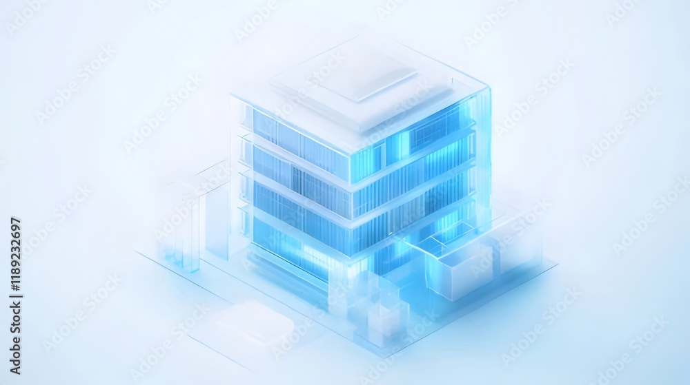 Isometric view of a transparent glass building with glowing blue interiors. Isometric view of a transparent glass building with glowing blue interiors.