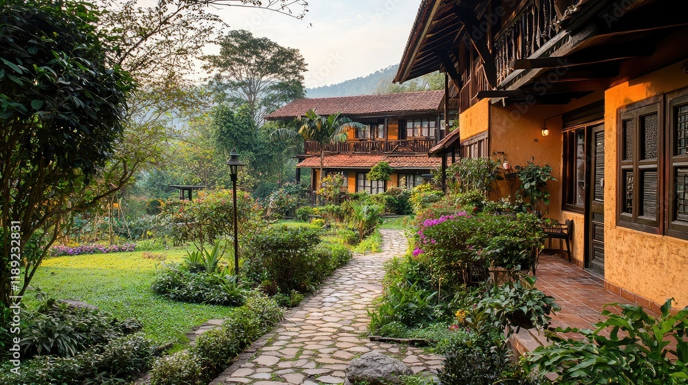 Charming Rustic Pathway Leading to Cozy Lodge Surrounded by Nature Charming Rustic Pathway Leading to Cozy Lodge Surrounded by Nature