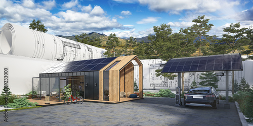 Energy supply at a single family house with solar carport (mountain landscape in background) - 3D visualization photo