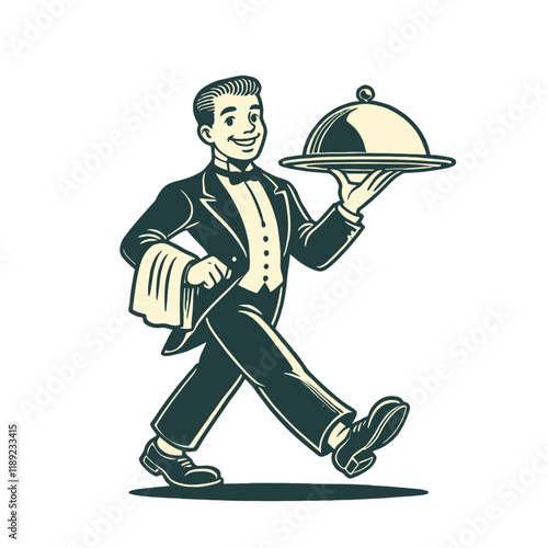 A vintage-style illustration of a waiter in formal attire carrying a serving tray, perfect for restaurant branding, hospitality themes, or retro designs. Isolated vector illustration.