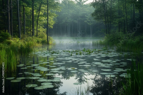 Misty forest pond surrounded by dense green foliage and soft light