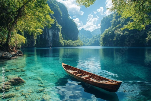 Traditional wooden boat floating on clear turquoise water in a tropical lagoon