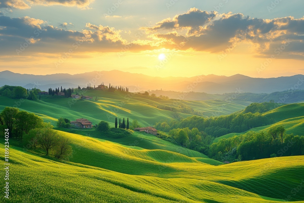Fototapeta premium Golden sunrise over a serene valley with distant farmhouses