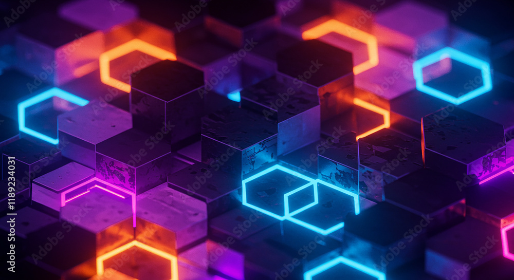 Abstract Hexagon Pattern with Neon Lights Vibrant 3D Render of Colorful Geometric Shapes Abstract Hexagon Pattern with Neon Lights Vibrant 3D Render of Colorful Geometric Shapes