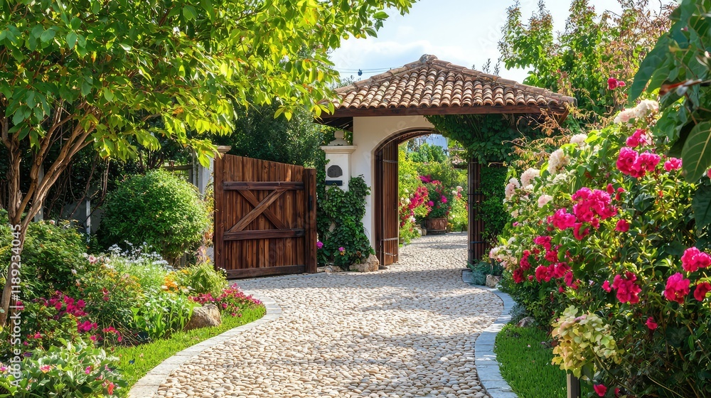 Serene Garden Pathway with Colorful Flowers and Rustic Gate Serene Garden Pathway with Colorful Flowers and Rustic Gate