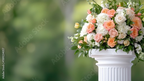 Beautiful Floral Arrangement on White Column with Soft Green Background