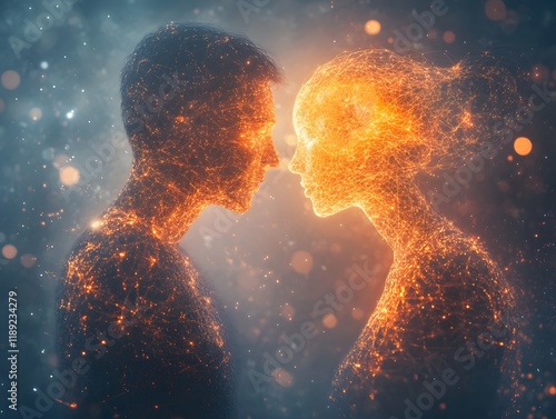Enigmatic Connection Between Two Silhouettes, Illuminated by Fiery Particles, Representing Love, Wisdom, and Unity in a Futuristic Setting