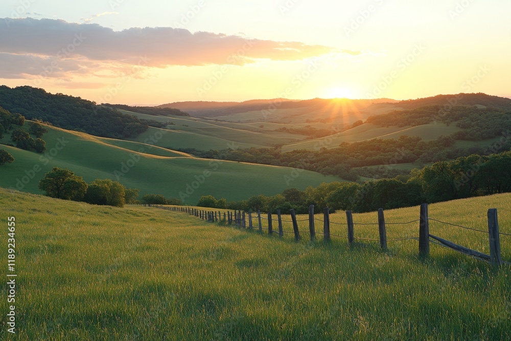 Obraz premium Fence-lined grassy hill at sunrise with soft light