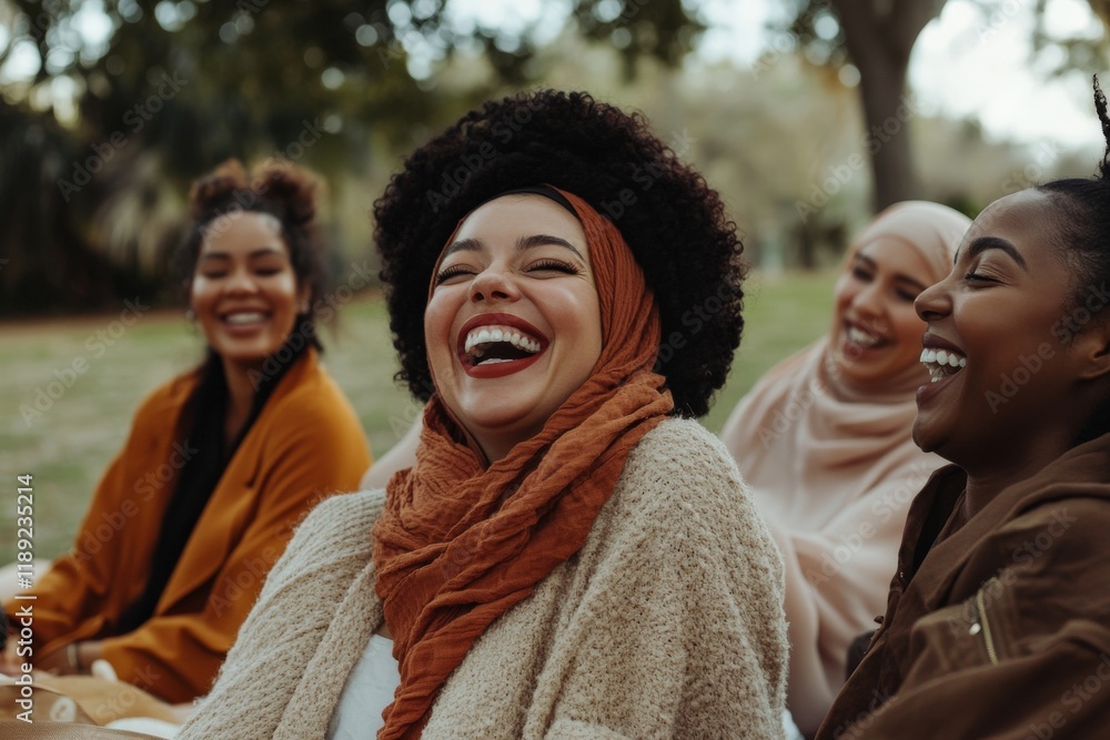 Joyful women laughing together in a park, showcasing friendship, cultural diversity, and vibrant community spirit in a sunny outdoor setting surrounded by nature Joyful women laughing together in a park, showcasing friendship, cultural diversity, and vibrant community spirit in a sunny outdoor setting surrounded by nature