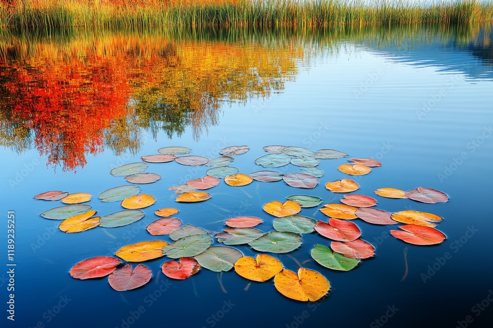 Reflection of colorful autumn leaves on a still pond Reflection of colorful autumn leaves on a still pond