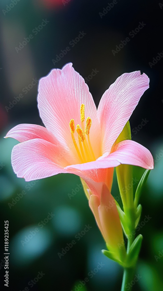 Fototapeta premium Delicate pink flower with yellow stamens, set against a softly blurred green background.