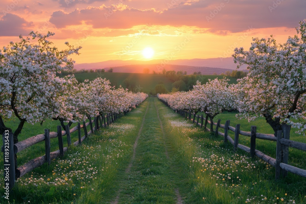 Naklejka premium Pathway lined with blooming fruit trees in an orchard at sunrise