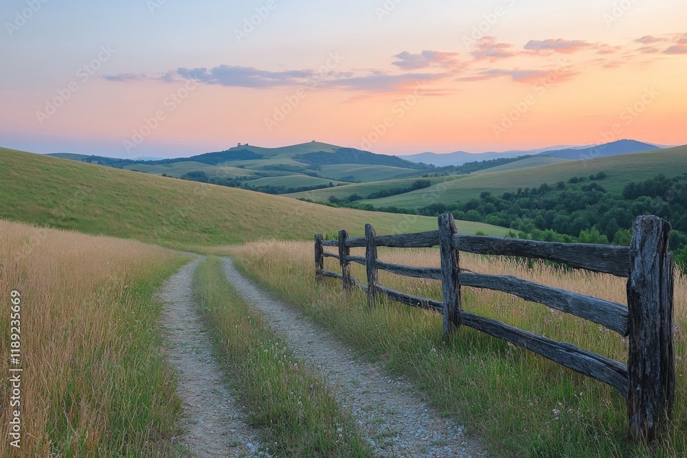 Path leading through a grassy field at sunset Path leading through a grassy field at sunset