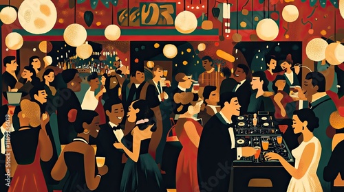 A vibrant illustration of a 1960s-style party, filled with people dancing, socializing, and enjoying drinks in a lively bar setting.