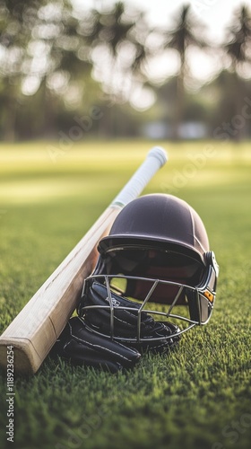 cricket player equipment on the green grass